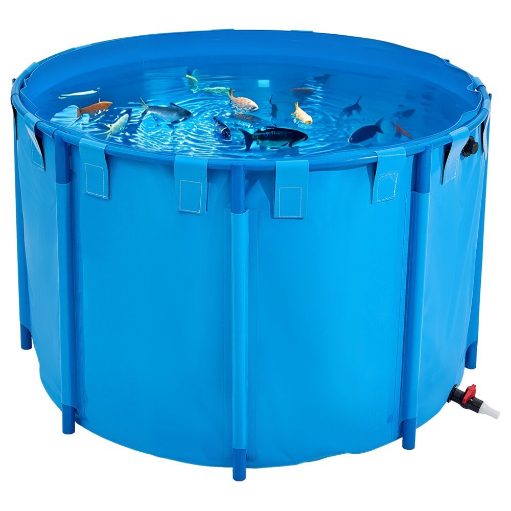 Étang à poissons en PVC d'une capacité de 1 700 L pliable pour aquarium rond avec cadre robuste et valve de vidange pour l'élevage de poissons rouges Koi (bleu)
