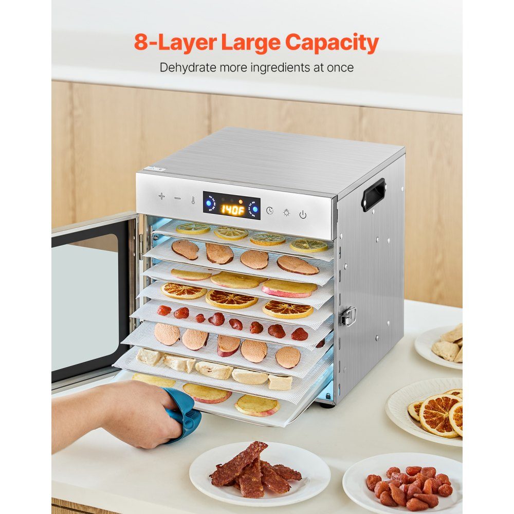 Dörrgerät Dörrgerät 8 Edelstahlschüsseln, 400 W elektrischer Lebensmitteltrockner mit einstellbarer Temperatur, Gefriertrockner für getrocknetes Fleisch, Fleisch, Obst, Gemüse, Kräuter, Hundeleckerlis
