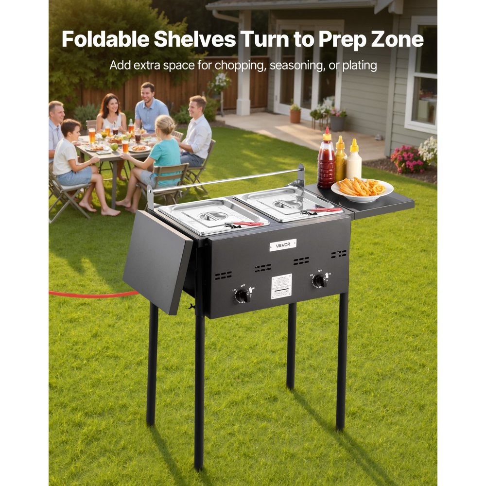 Friteuse commerciale d'extérieur au propane avec 2 réservoirs (9 L x 2), cuisinière en acier inoxydable avec plate-forme pliable, double panier et contrôle de la chaleur, friteuses autoportantes pour restaurants, snack-bars Friteuse commerciale d'extérieur au propane avec 2 réservoirs (9 L x 2), cuisinière en acier inoxydable avec plate-forme pliable, double panier et contrôle de la chaleur, friteuses autoportantes pour restaurants, snack-bars