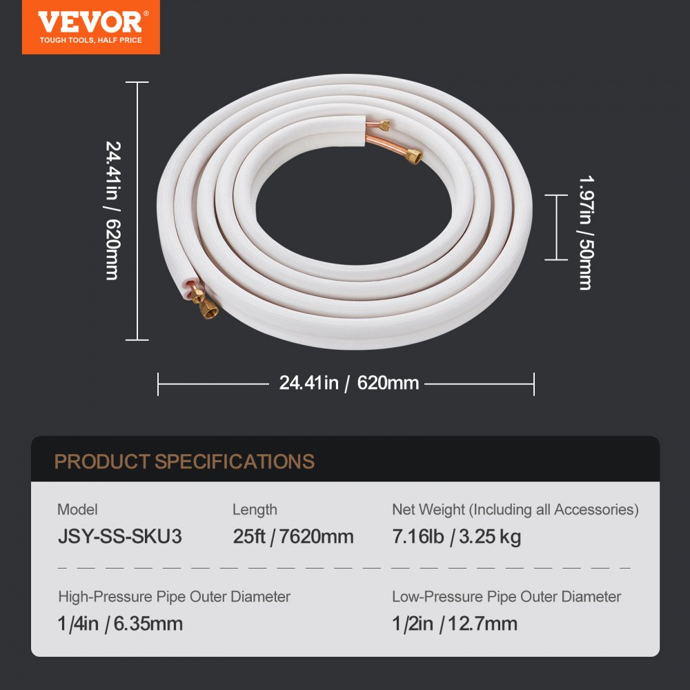 25FT Mini Split Line Kit, 1/4" and 1/2" OD Copper Pipes with Triple Layer Insulation, for Mini Split Air Conditioners, Refrigeration or Heat Pump Equipment and HVAC with Wrap St 25FT Mini Split Line Kit, 1/4" and 1/2" OD Copper Pipes with Triple Layer Insulation, for Mini Split Air Conditioners, Refrigeration or Heat Pump Equipment and HVAC with Wrap St