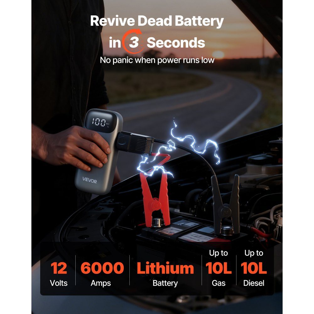 Starthilfe-Powerbank, Starthilfe 6000A Spitzenstrom mit LED-Taschenlampe & Kabel für Motoren bis 10L Diesel/Benzin, Autobatterie-Booster mit Schnellladung & Sicherheitsschutz für Notfälle