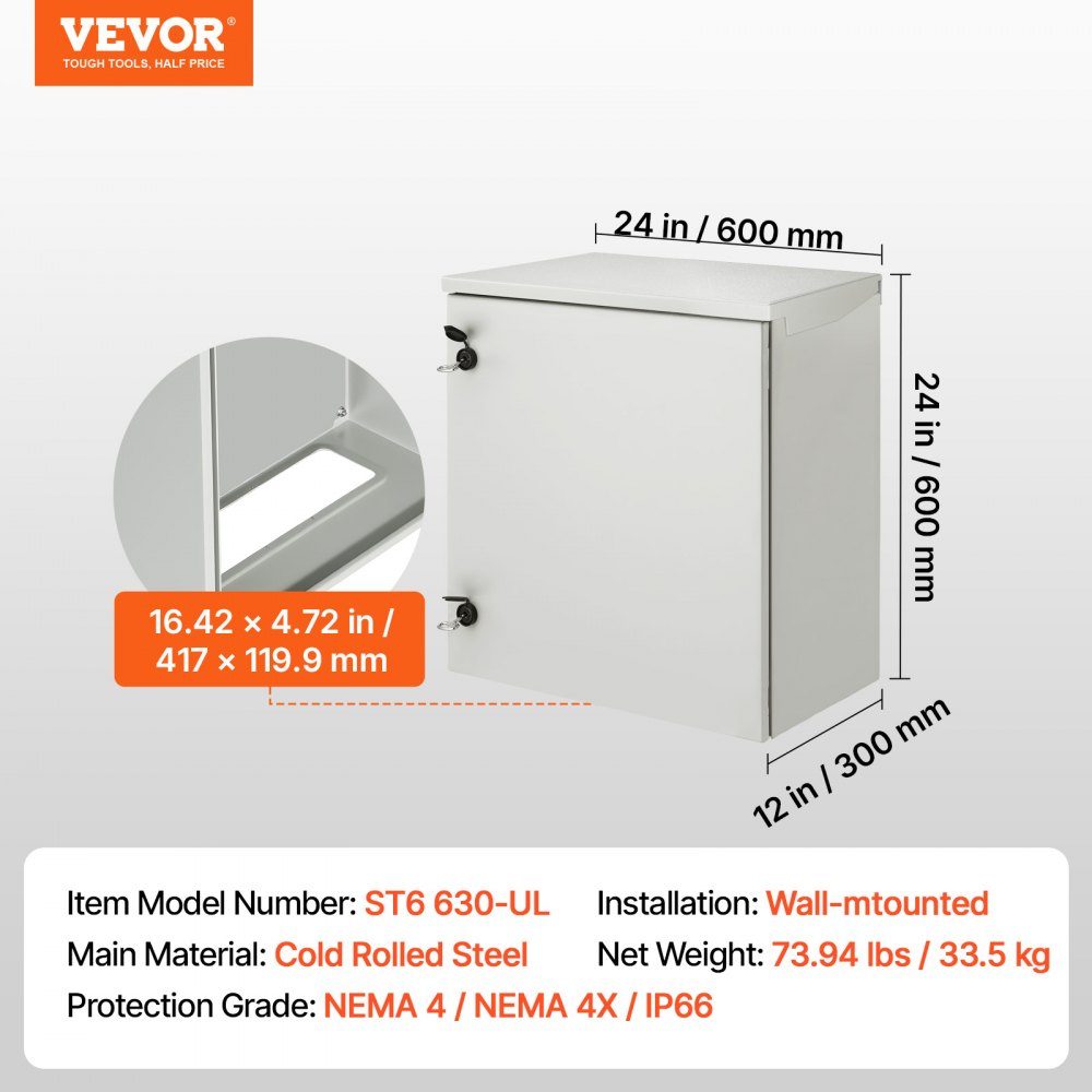 Panel Electrical Enclosure, 600 x 600 x 300mm, NEMA 4 Outdoor Enclosure, IP66 Waterproof and Dustproof, Cold Rolled Steel, Indoor Outdoor Folding Junction Box with Rain Cover