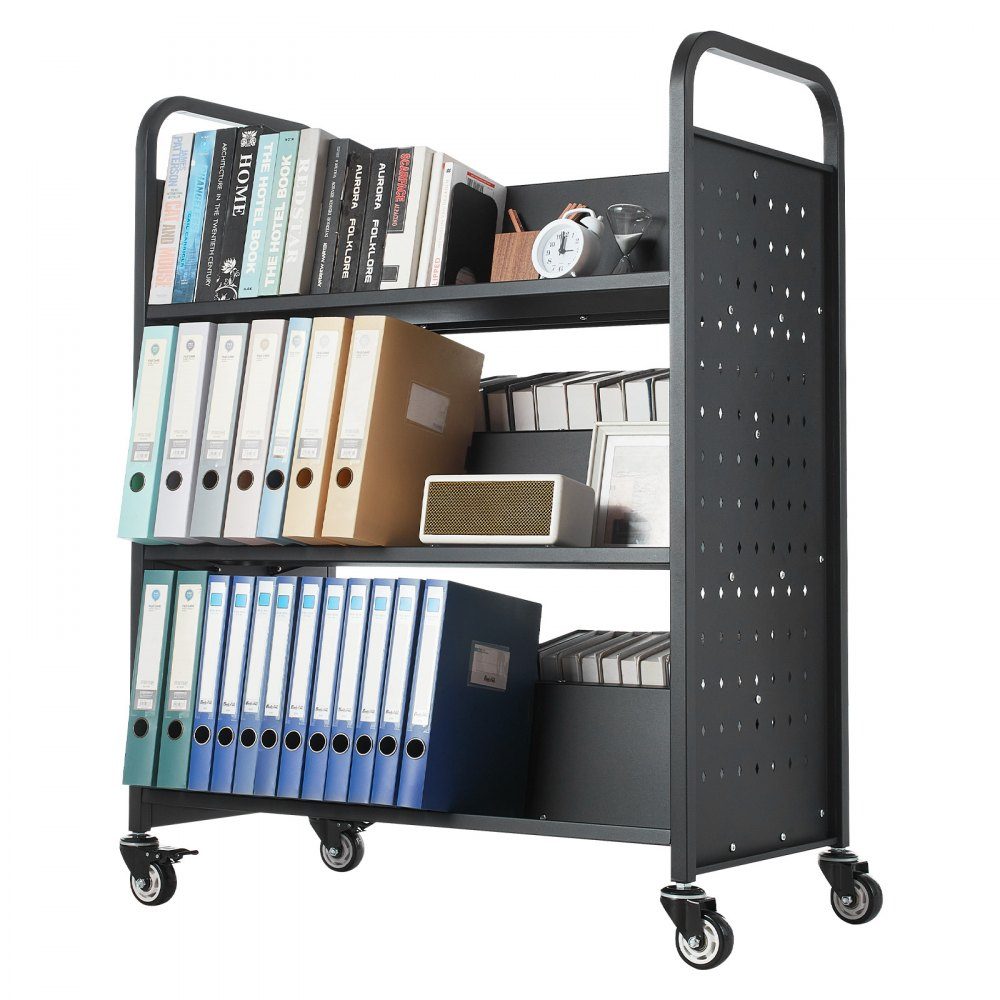 Bücherwagen, 159 kg Tragkraft, Bibliothekswagen, 970 x 515 x 1225 mm, doppelseitiges W-förmiges Bücherregal mit Doppelbremsrädern, Aufbewahrungswagen für Wohnzimmer, Büro, Schule, Schwarz