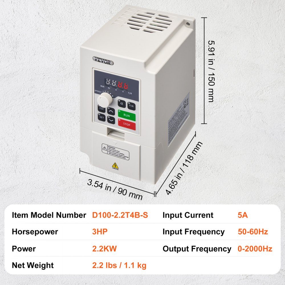 VFD 3HP 2.2kW 5A 3 phase AC 380V input to 3 phase AC 0-380V output frequency converter 50/60Hz input 0-2000Hz output