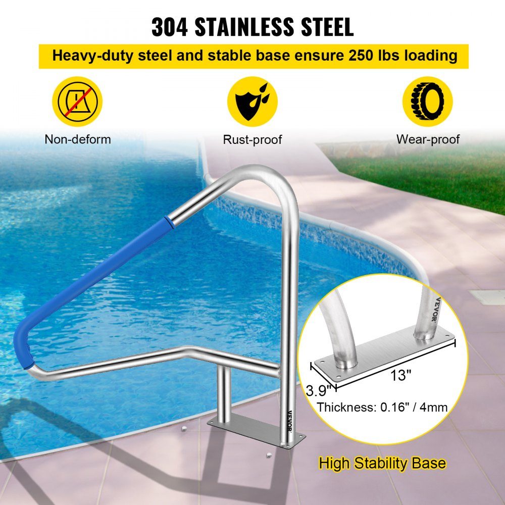 Barre d'appui pour piscine en acier inoxydable 139,7 x 81,2 cm Main courante pour piscine Capacité de charge de 113 kg Aide à l'entrée Piscine Arche de poignée de 4,8 cm avec couvercle de poignée Escalier pour piscine pour piscine Positions inclinées Spa