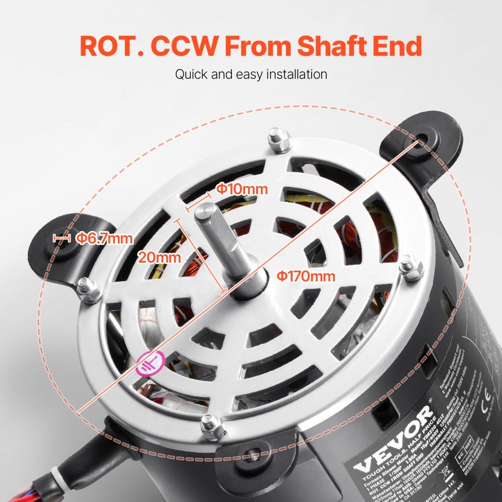 1/3 HP blower motor, 220V, 1.95A, 1250RPM, 3 speeds (750/950-1250RPM), 10mm shaft diameter, 20mm shaft RED clockwise from shaft end, including CBB60 15μF/450V capacitor