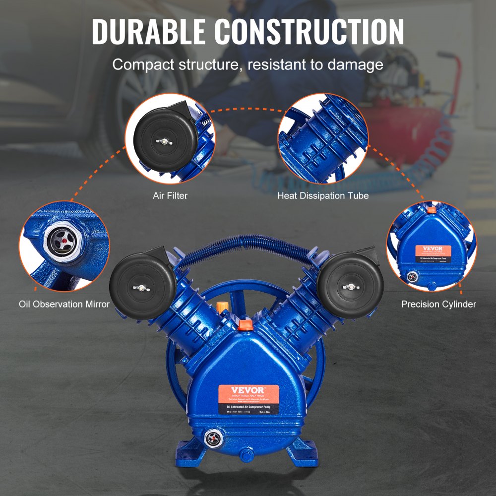 Luchtcompressorpompkop, 3 PK, 6,25 CFM bij 90 PSI, oliegesmeerde dubbele cilinder luchtcompressorzuigerpompkop, eentraps vervanging voor V-type gietijzeren luchtcompressorpomp met maximale druk van 116 PSI Luchtcompressorpompkop, 3 PK, 6,25 CFM bij 90 PSI, oliegesmeerde dubbele cilinder luchtcompressorzuigerpompkop, eentraps vervanging voor V-type gietijzeren luchtcompressorpomp met maximale druk van 116 PSI