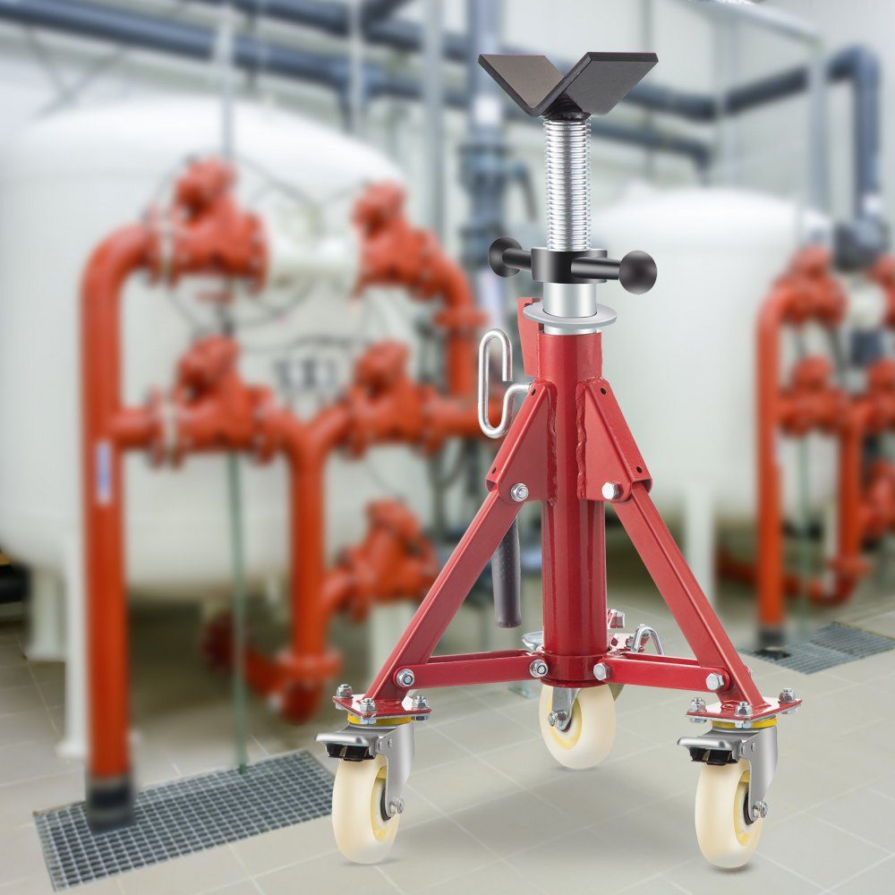 Pipe stand 400 kg load capacity, pipe support with 2 ball transfer V-head, pipe stand height adjustable 20-37 inch height, folding pipe stand for thread cutting machines rolling grooves
