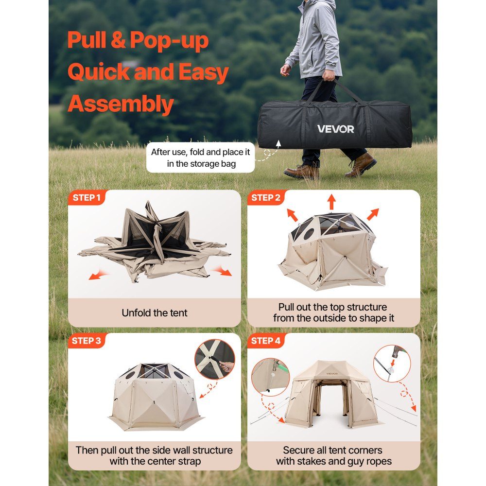Tonnelle escamotable 3,6 m x 3,6 m, tente de camping sphérique à 13 côtés avec toit amovible et sac de transport, ventilation à 360°, pare-soleil, tente de fête pour 8 à 10 personnes, beige