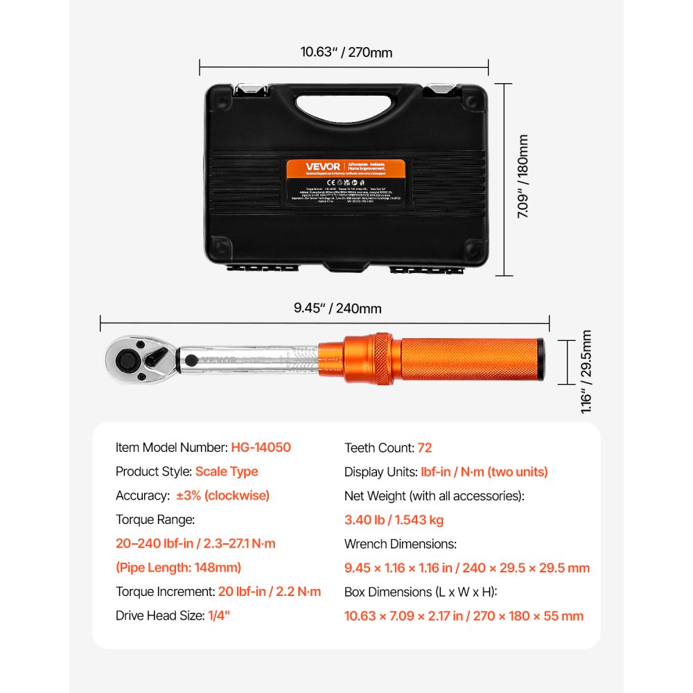 Clé dynamométrique à clic 1/4" 2,3-27,1 Nm Clé dynamométrique bidirectionnelle avec barres d'extension et foret 72 dents ± 3 % haute précision pour réparation automobile Orange Clé dynamométrique à clic 1/4" 2,3-27,1 Nm Clé dynamométrique bidirectionnelle avec barres d'extension et foret 72 dents ± 3 % haute précision pour réparation automobile Orange