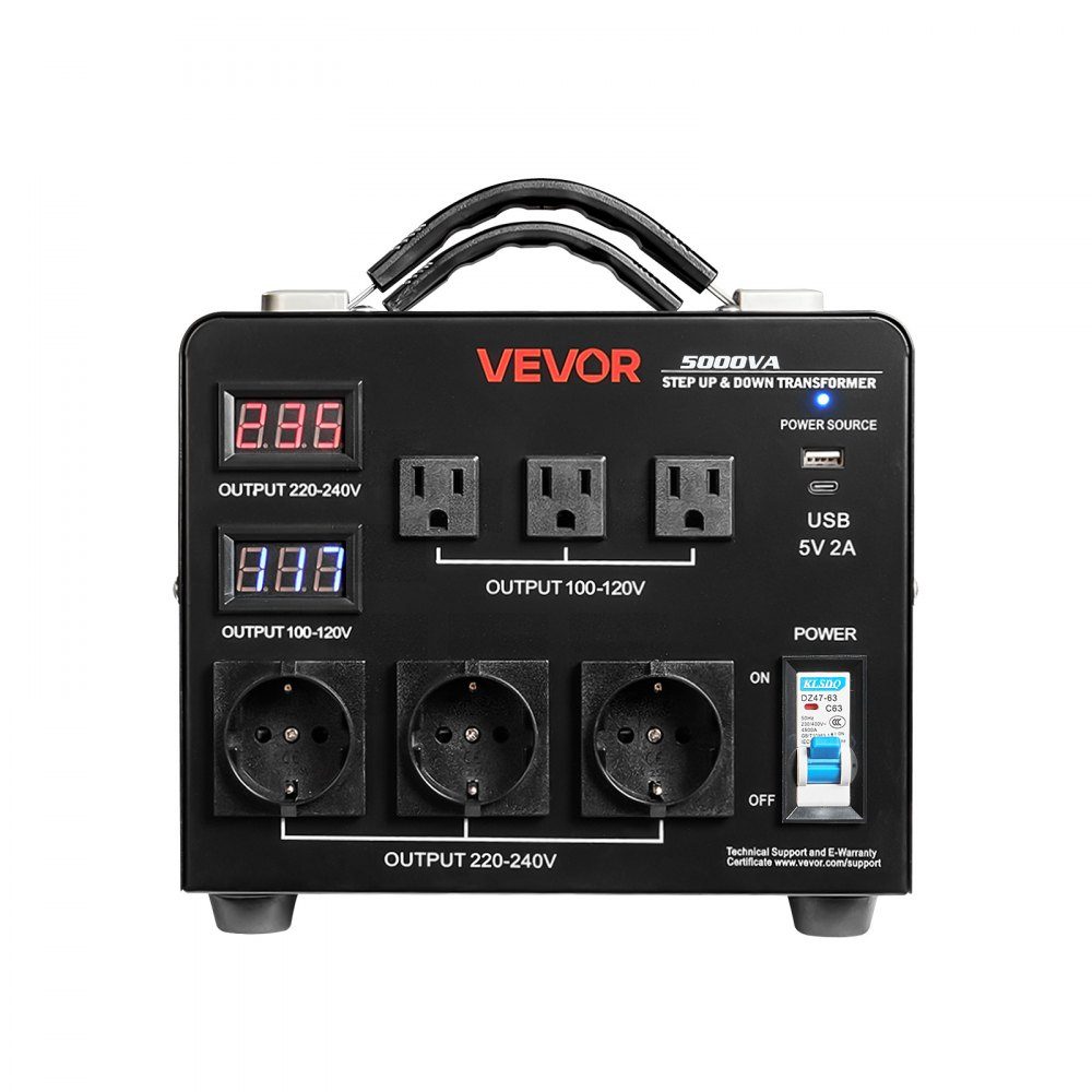 Voltage Converter Transformer 5000VA Heavy Duty Step Up/Down Transformer 110V to 220V and 220V to 110V with 3 US Sockets 3 EU Sockets LCD Display Circuit Breaker