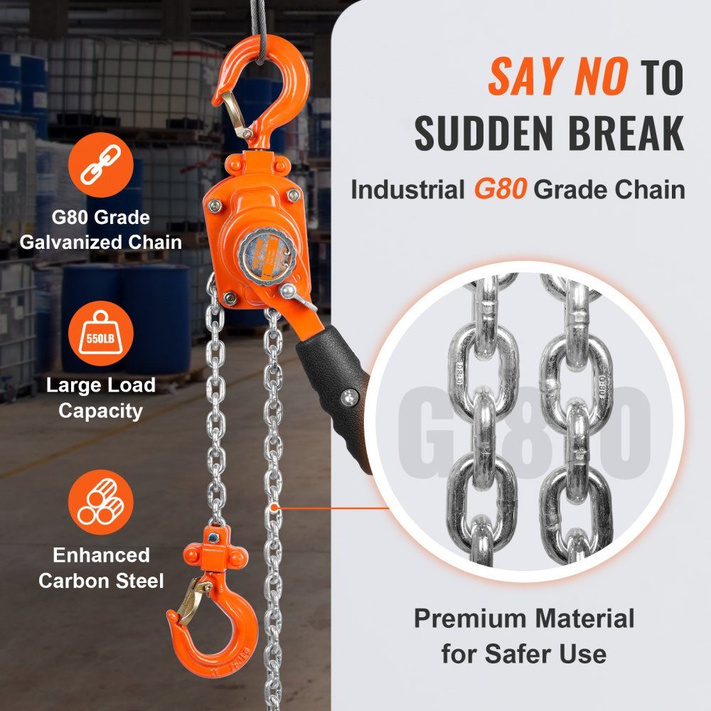 Mini lever hoist, 0.25 ton capacity, chain hoist, 260 N pulling force, pulley block, 1.40 m lifting height, ratchet hoist, 4 x 12 mm lifting chain size, Weston double pawl brake, 360° rotating hook hand chain hoist