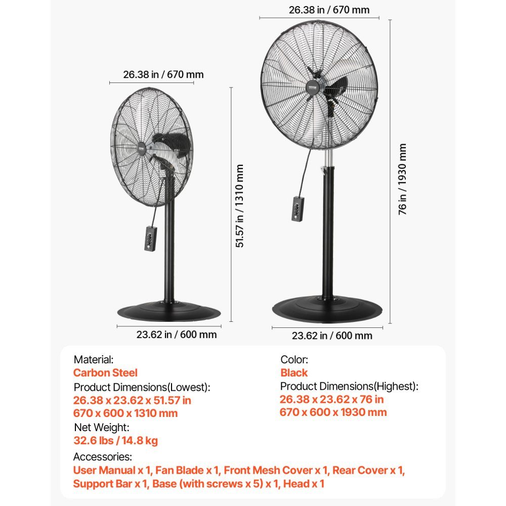 Industrial Pedestal Fan 670mm 85 Degree Oscillation Fan Height Adjustable Fan with 3 Adjustable Speeds Wind Machine for Factory Workshop Warehouse Black