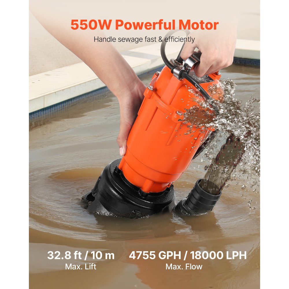 550 W Tauchpumpe, 18000 l/h, Schmutzwasserpumpe aus Gusseisen mit 5,08 cm Auslass, max. 10 m. Förderhöhe, zum Abpumpen von Schmutzwasser, für Pools, Gärten, Teiche, Keller & überschwemmte Gebiete