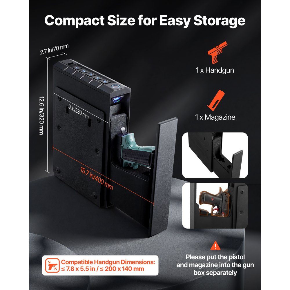 Gun safe gun safe with fingerprint/password (five digits)/key, gun safe gun case with lighting for 1 gun and magazine, 23 x 7 x 32 cm gun box for the bedside table