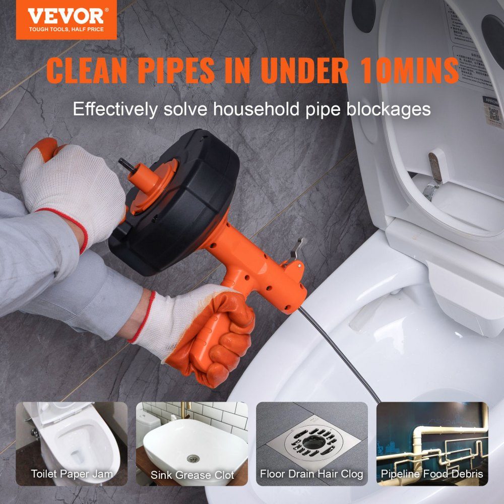 Pipe Cleaning Cable 1/4" x 30" Spring Steel Cable Drain Cleaner with Drum Manual and Electric Manual Feed Pipe Cleaning Shaft Pipe Cleaning Device for Toilet Sewer Floor Drain
