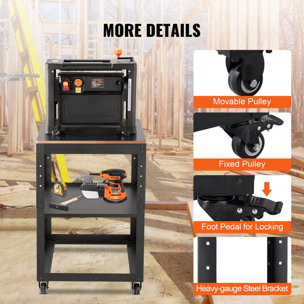 Machinestandaard dikteschaafmachine 70,3×60,3×90cm basisframe dikteschaafmachine staal & MDF Max. draagvermogen 45 kg. Machinetafel in hoogte verstelbaar. Compatibel met de meeste schaafzagen