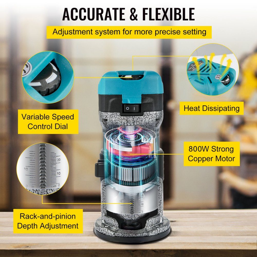 Electric Hand Router 800W, One-Hand Router 30000 RPM, Wood Edger, 3 Collet, Soft Start, Aluminum Alloy, Speed ​​Control, Electric Router Woodworking