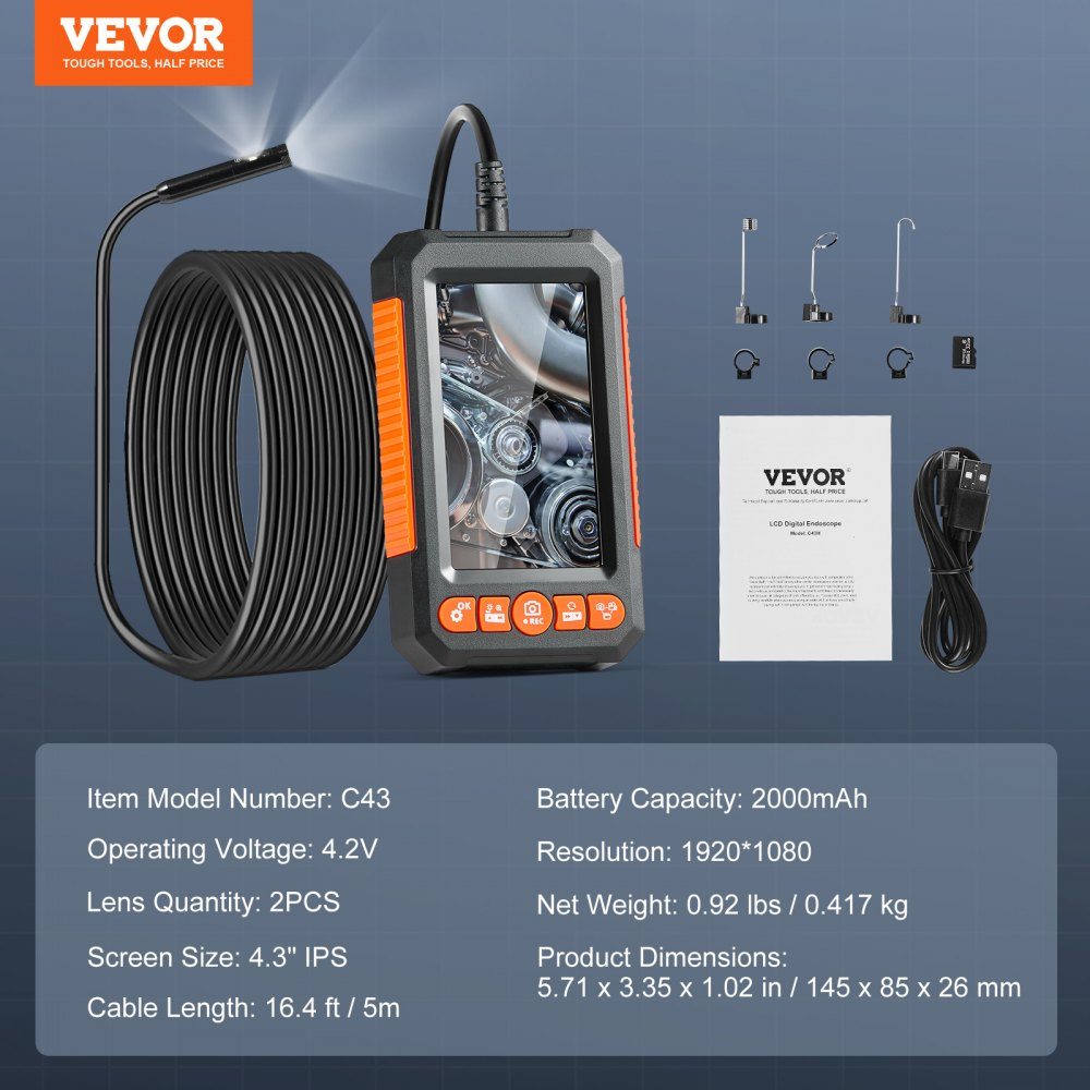 Sewer camera endoscope camera inspection camera 1080P pipe camera 5m cable 4.3" display