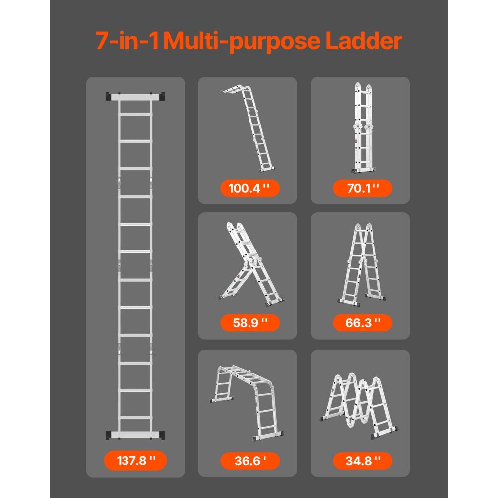 Multi-purpose ladder, 7-in-1 multi-function ladder, A-frame, 3-stage adjustable telescopic ladder, 3.5 m high extension ladder, ladder frame, 150 kg load capacity for household and outdoor work