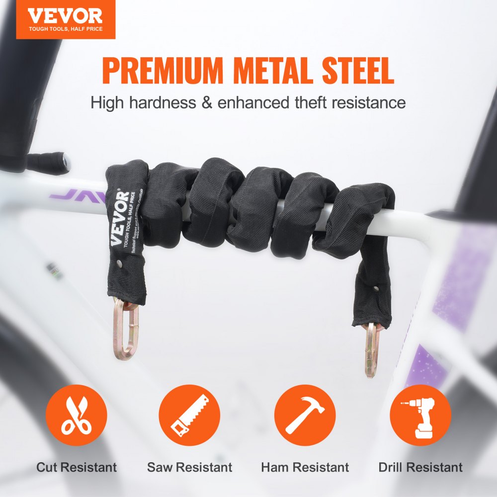 Fietskettingslot 1,8 m fietskettingslot met hoge beveiliging, robuust anti-diefstal metalen stalen fietsslot, perfect voor fiets, motorfiets, scooter, fiets, deur, hek, poort