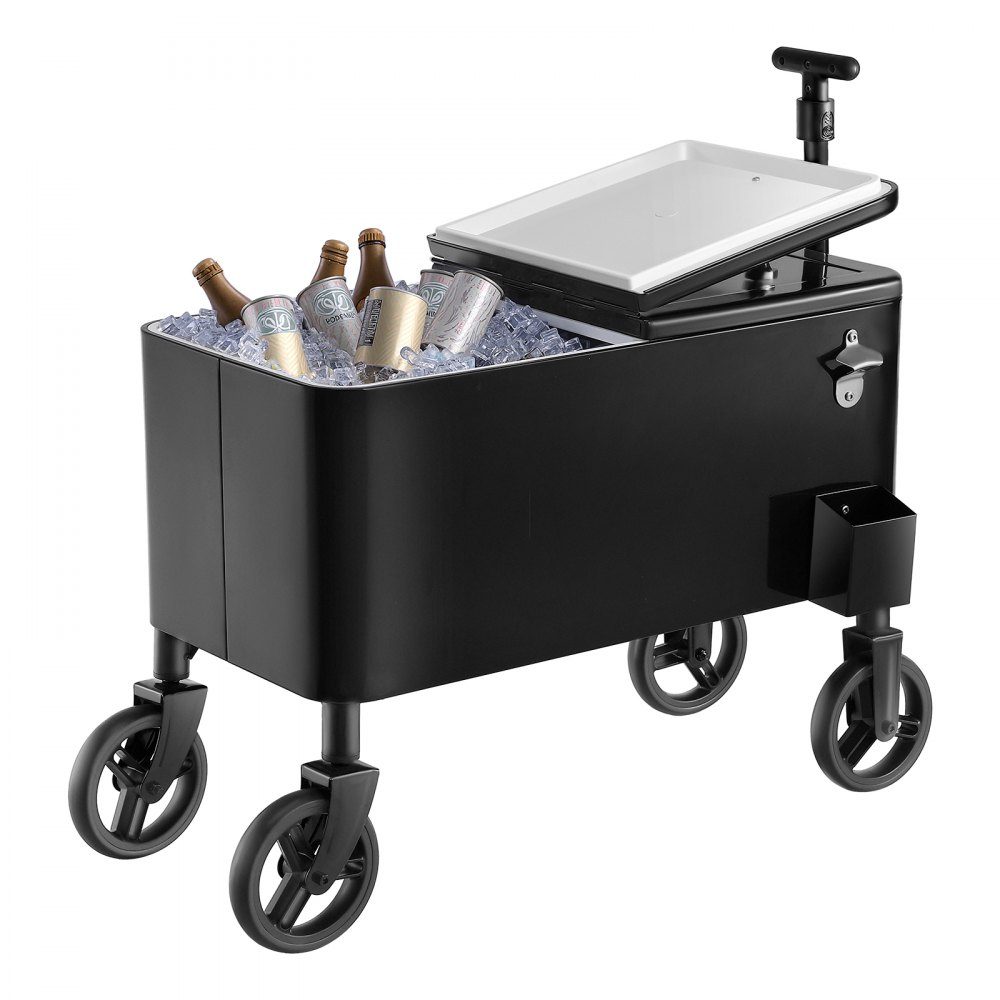 Refrigerated trolley drinks trolley 75.71 L up to 50 bottles/110 cans, side trolley for patio parties and bars with Cor telescopic handle & bottle opener & crown cap collector, drinks cooler black