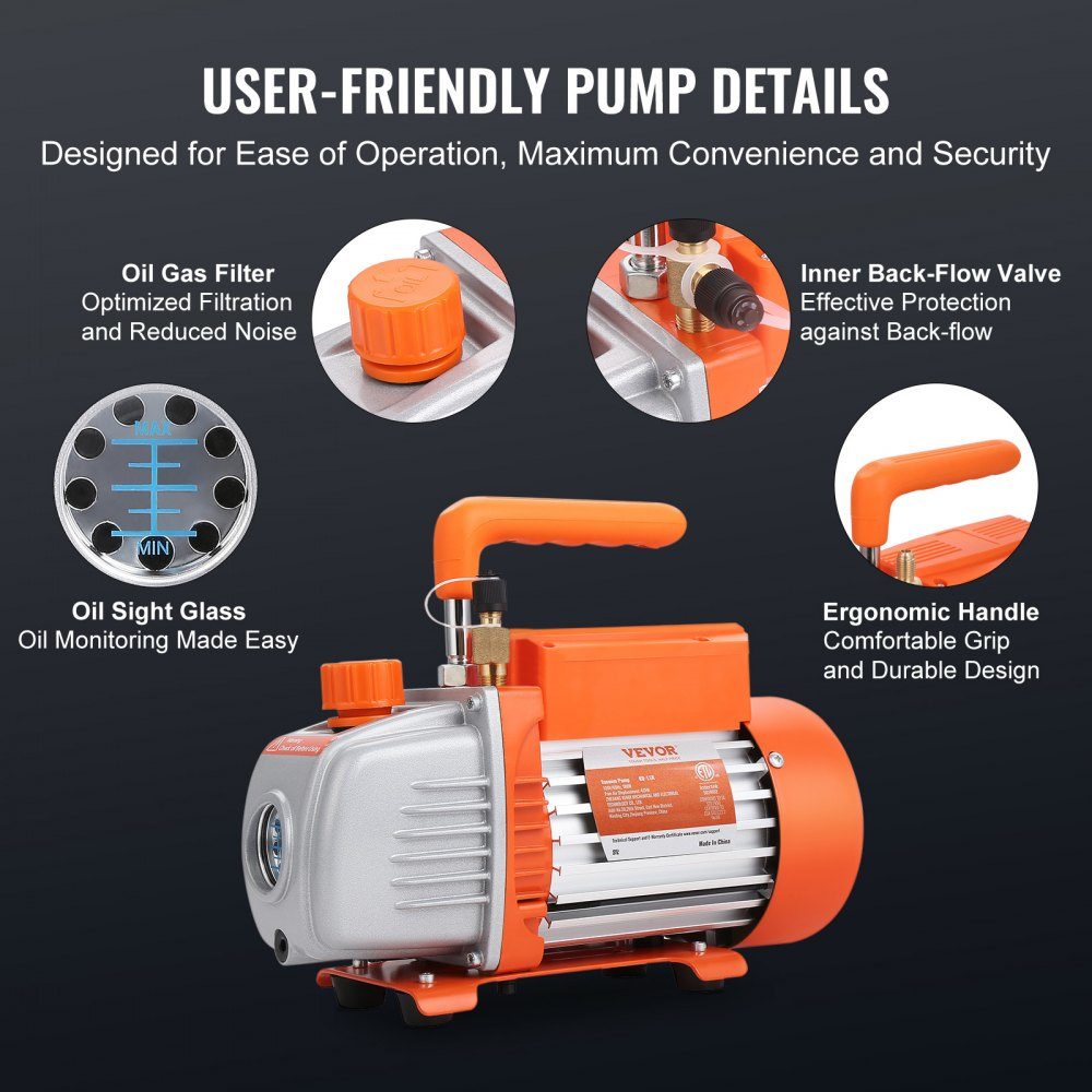 1/4 HP HVAC Vacuum Pump Pressure Gauge Kit, 4 CFM Vacuum Pump with Hose