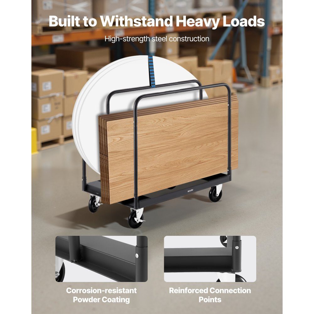 Bordenwagen, 816 kg, transportwagen met 360° zwenkwielen, bordenwagen met sjorband en 3 zijleuningen, bordenwagen, transporthulp voor fabriek, magazijn, garage, zwart, 955x610x935 mm