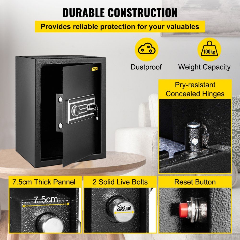 Safe 60 L, furniture safe 17 kg load capacity, wall safe black dustproof with fingerprint code digital keyboard key 4 locking systems security safe apartment hotel office