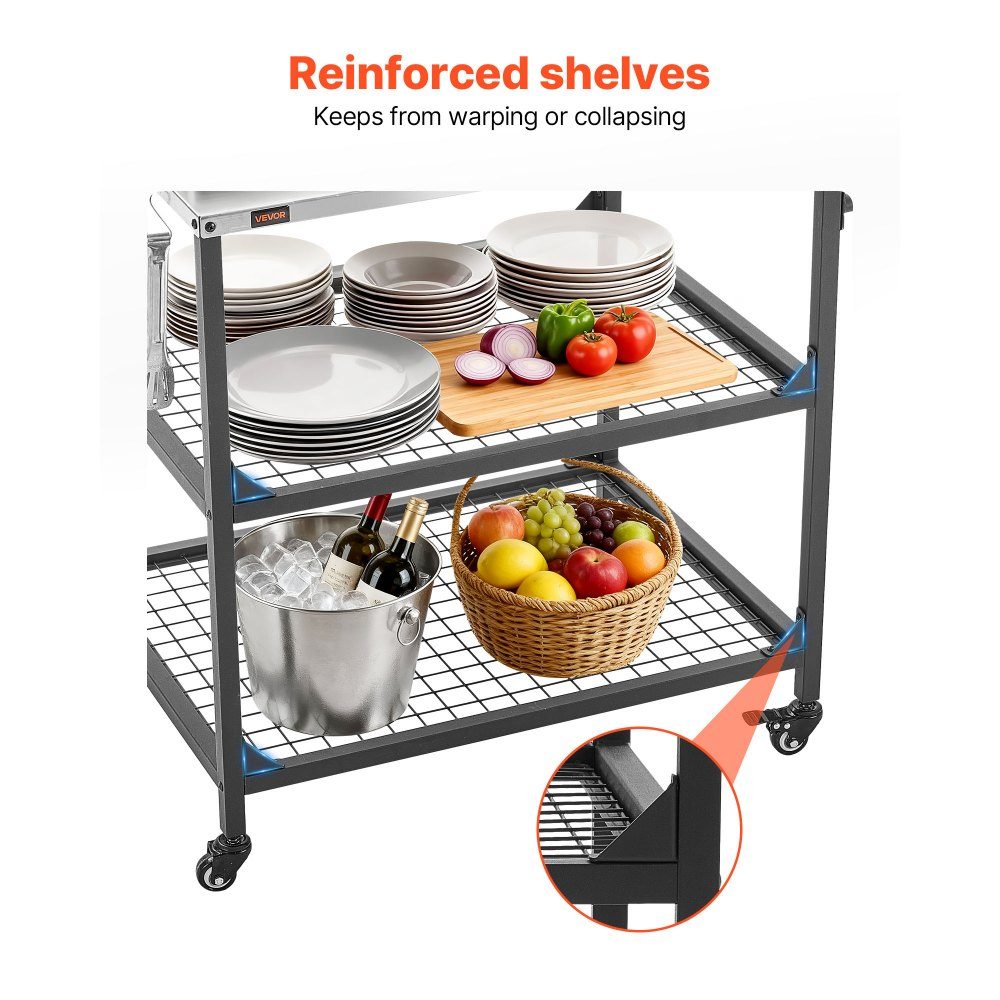 Chariot barbecue extérieur 80 x 61 cm (taille plateau table), table barbecue roulante avec poignée latérale & 2 étagères grillagées & 4 roulettes, table de préparation barbecue, chariot de service pour pique-nique, cuisine, jardin