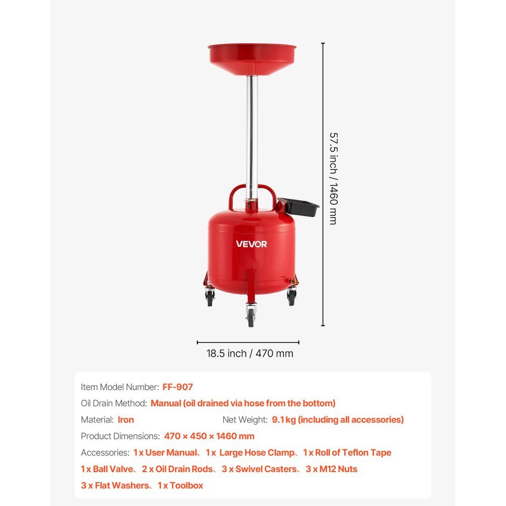 Oil Catch Trolley 30L, Oil Catch Trolley with Adjustable Funnel Height, Oil Catch Container with Wheels and Tool Box, Liquid Fuel Drain for Auto Workshop, Red