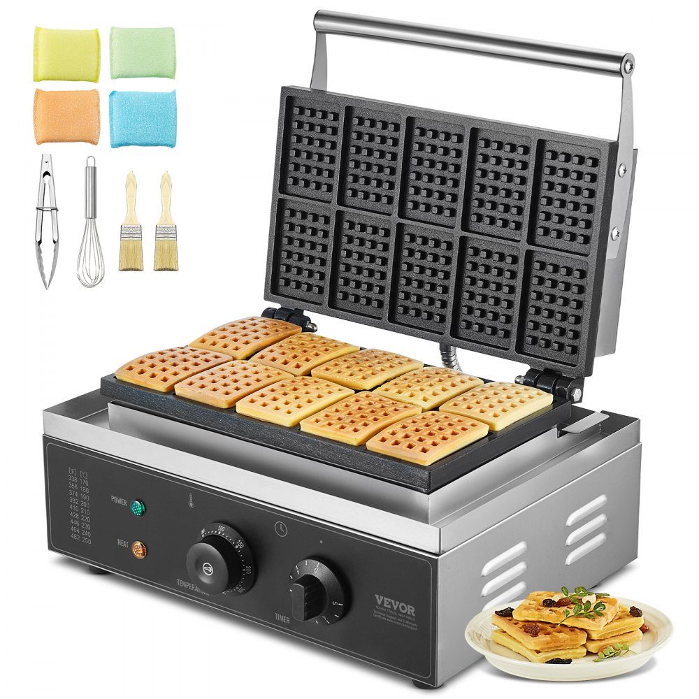 Kommerzielles Waffeleisen, 1550 W, antihaftbeschichtetes Waffeleisen aus Edelstahl mit Temperatur- und Zeitkontrollgriff, für Restaurant, Bäckerei, Snackbar, Familie, 10 rechteckige Waffeln