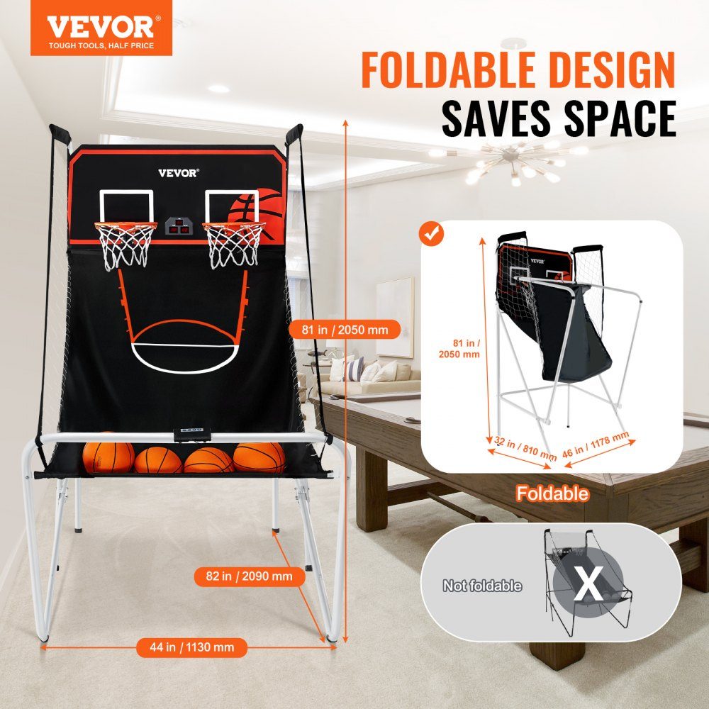 Jeu de basket-ball en salle de 2,05 m pour 2 joueurs, machine de basket-ball, support de ballon de basket-ball avec 4 balles, 8 modes de jeu et 2 cerceaux de basket-ball, tableau de bord et pompe de gonflage, pour enfants et adultes