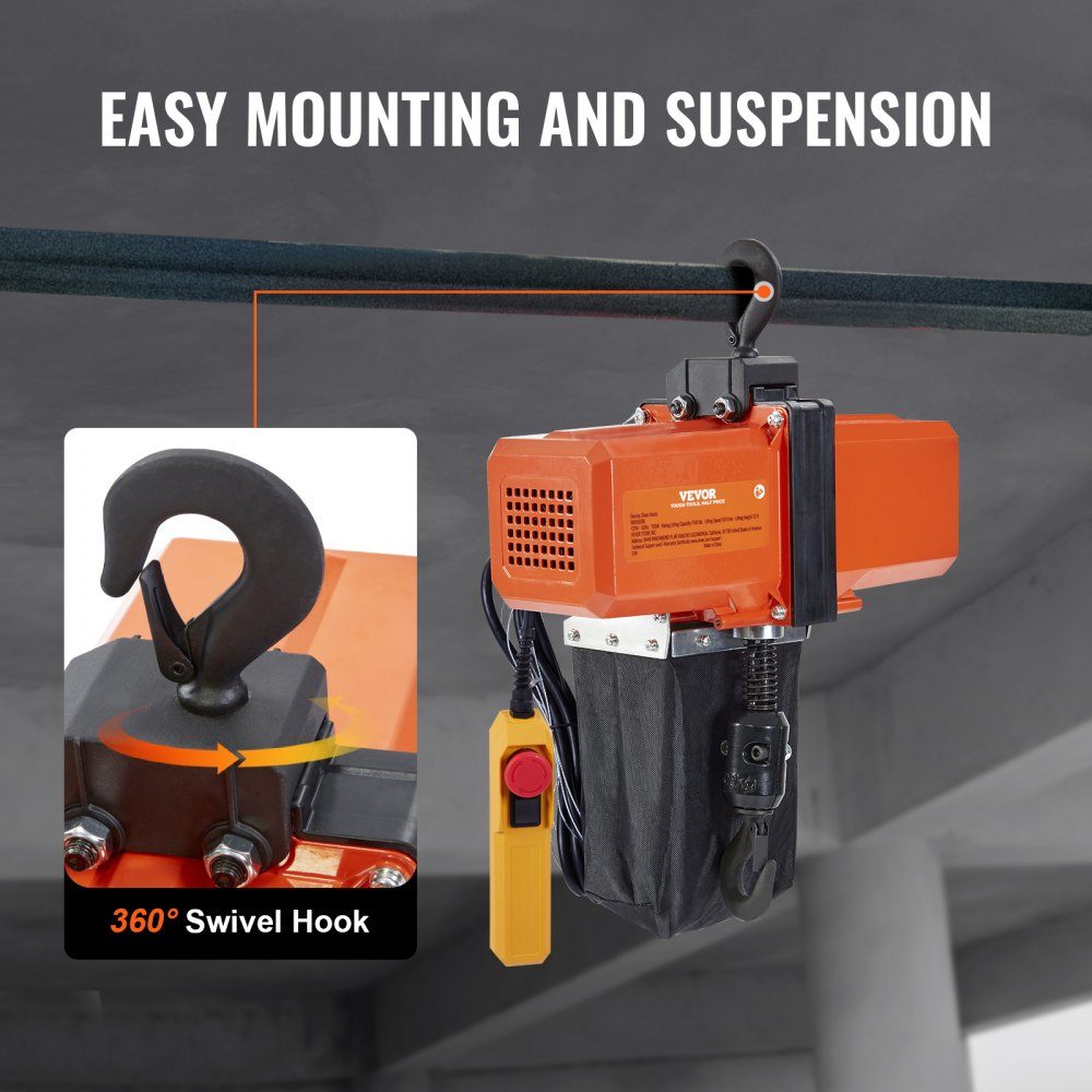 Electric Chain Hoist, 1100 lbs Capacity, 15ft Lift Height, 9.2ft/min. Speed, 230V Single Phase Overhead Crane with G100 Chain, 10ft Cable Remote Control for Garage, Shop, Hotel, Home