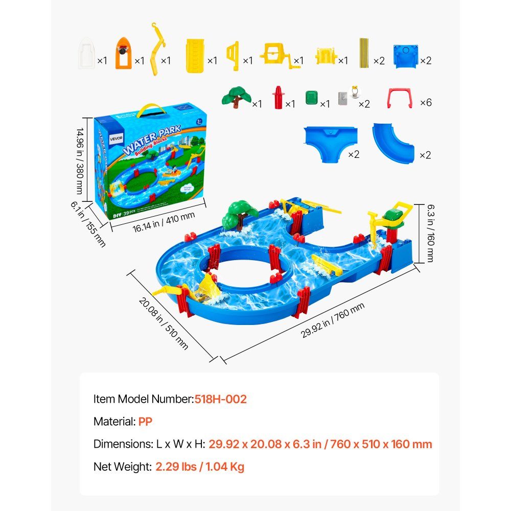 Wassertisch, Wasserspiel-Wasserweg für Kinder, Sommer-Wasserpark-Spielset im Freien mit 39-teiligem Zubehör für Garten, Rasen, Strand, Spieltisch für Jungen und Mädchen ab 3 Jahren