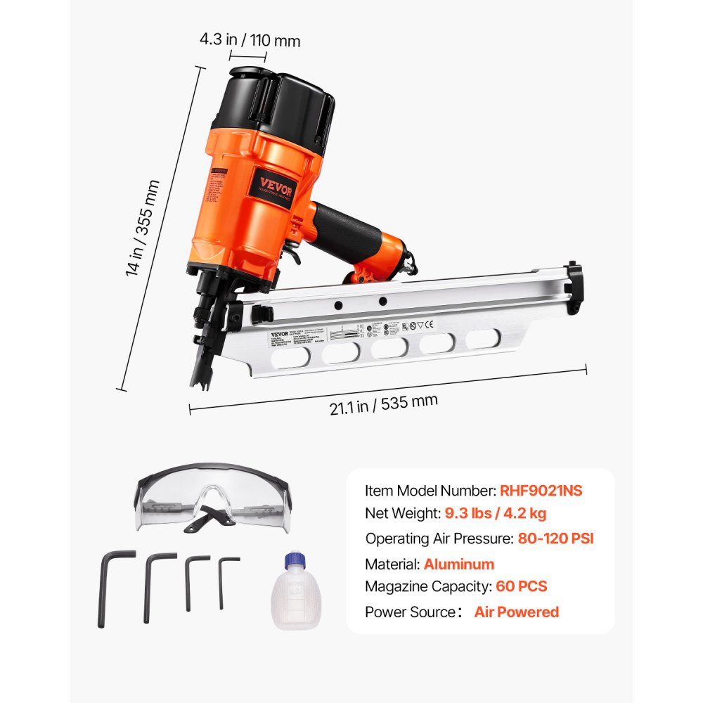 Air Nailer 50 to 90mm 21 Degree Round Head Pneumatic Nail Gun with Dual Trigger Modes and Depth Adjustment 80-120 PSI Pro Air Nailer for Framing, Flooring and Decking