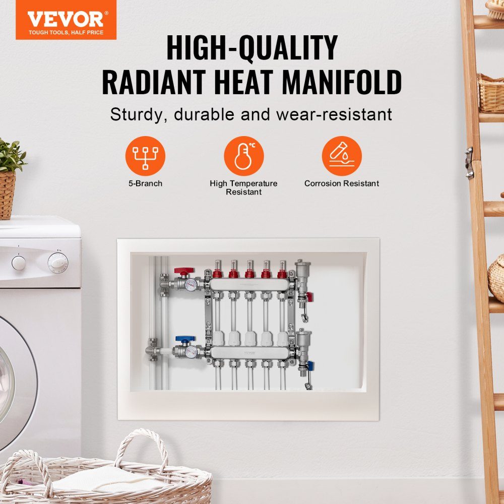 5 Branch Heat Spreader, 1/2" PEX Pipe Manifold, Stainless Steel PEX Manifold for Hydronic Underfloor Heating, Heat Distribution PEX Manifold Kit with 1/2" Adapters Included