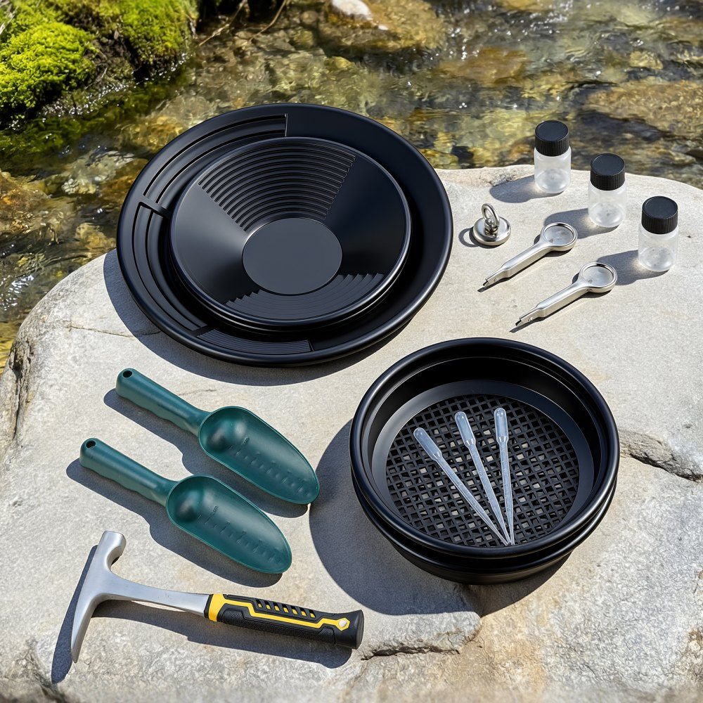 Goldpfanne 10 & 14 Zoll, Goldpfanne aus PP, 19 Stück. Tragbar, mit Sortiersieben, Sandmagnet, Steinpickel, Schaufeln, Rucksack und Zubehör, goldenem Waschwannen-Tablett-Set, schwarz