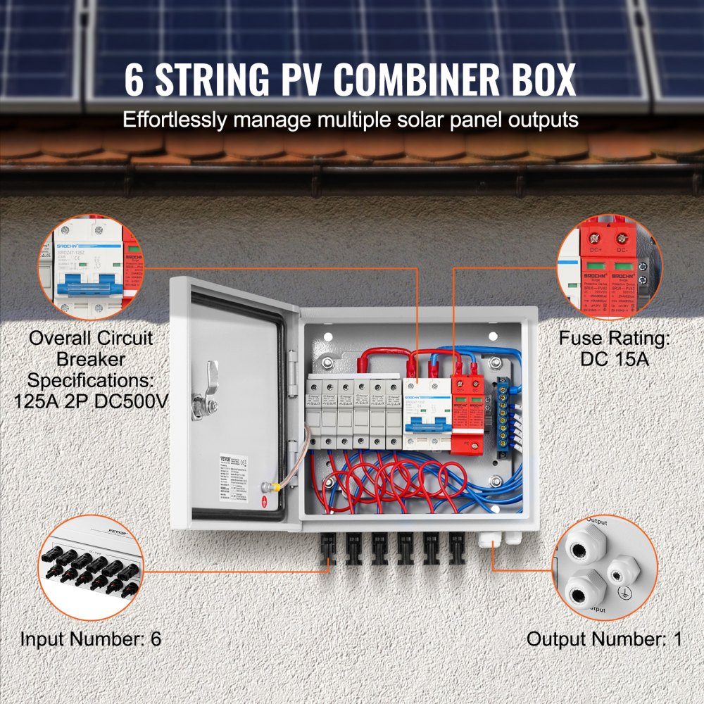 PV-opvangbox, 6 strings, zonne-opvangbox met 15-A-Nennstromsicherung, 125A stroomonderbreker, bliksemafleider en zonneconnector, stalen behuizing voor on/off grid zonnepaneelsysteem, IP65