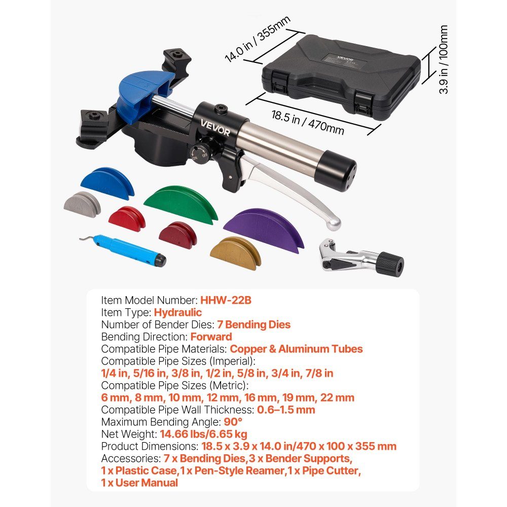 Hydraulic pipe bender, 6-22 mm, pipe bender 90°, forward, with 7 colored aluminum alloy jaws, for repairs in heating, ventilation and air conditioning, refrigeration and automotive technology