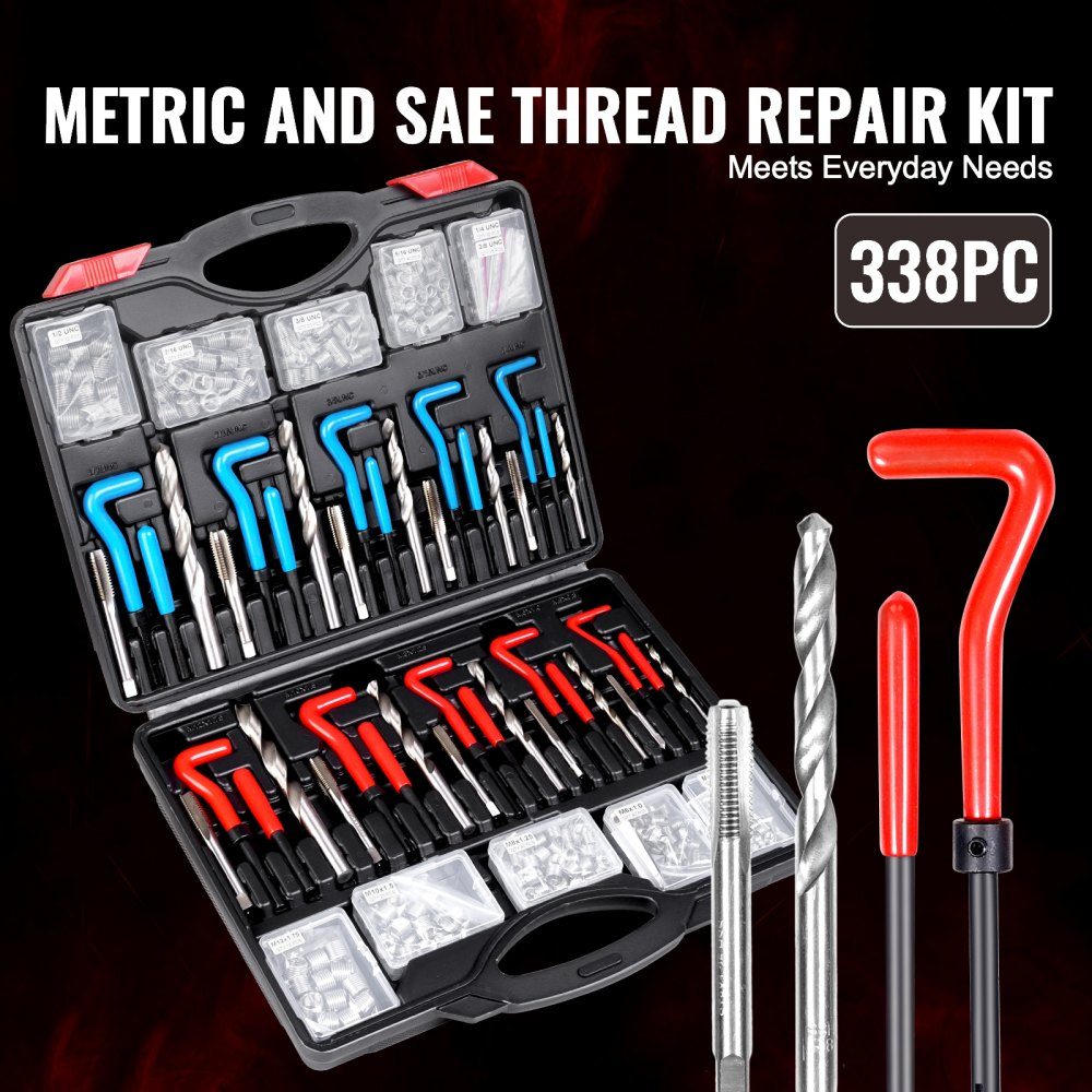 Thread Repair Thread Repair Kit Thread Repair Kit 338 Pieces SAE and Metric Helicoil Set Thread Repair Tools M5 M6 M8 M10 M12 1/4 5/16 3/8 7/16 1/2 Inch HSS Drill Bits