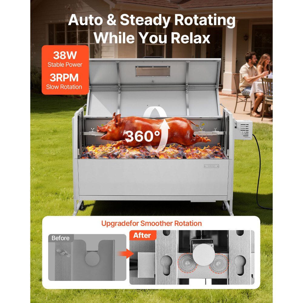 Rotisseriegrill 38W Spanferkelgrill Lammgrill Holzkohlegrill (1168,4 mm Grilllänge) mit 60 kg Tragkraft & Rollen & 4-fach Höhenverstellung & Deckel, Edelstahl Elektrogrill Set für Camping