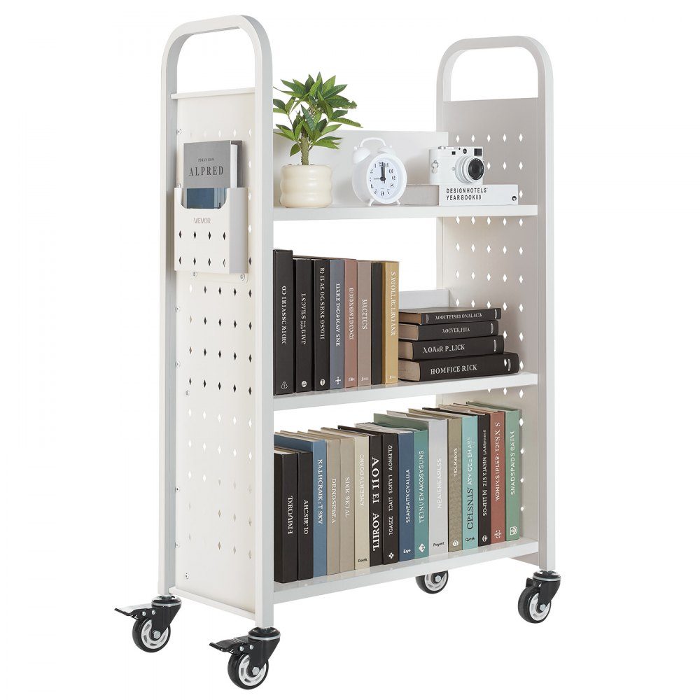 Wózek na książki 150 kg Nośność Wózek biblioteczny 77 x 38 x 122 cm Jednostronny regał w kształcie litery L z podwójnymi kółkami hamulcowymi Wózek na książki do salonu Biuro Szkoła Biały