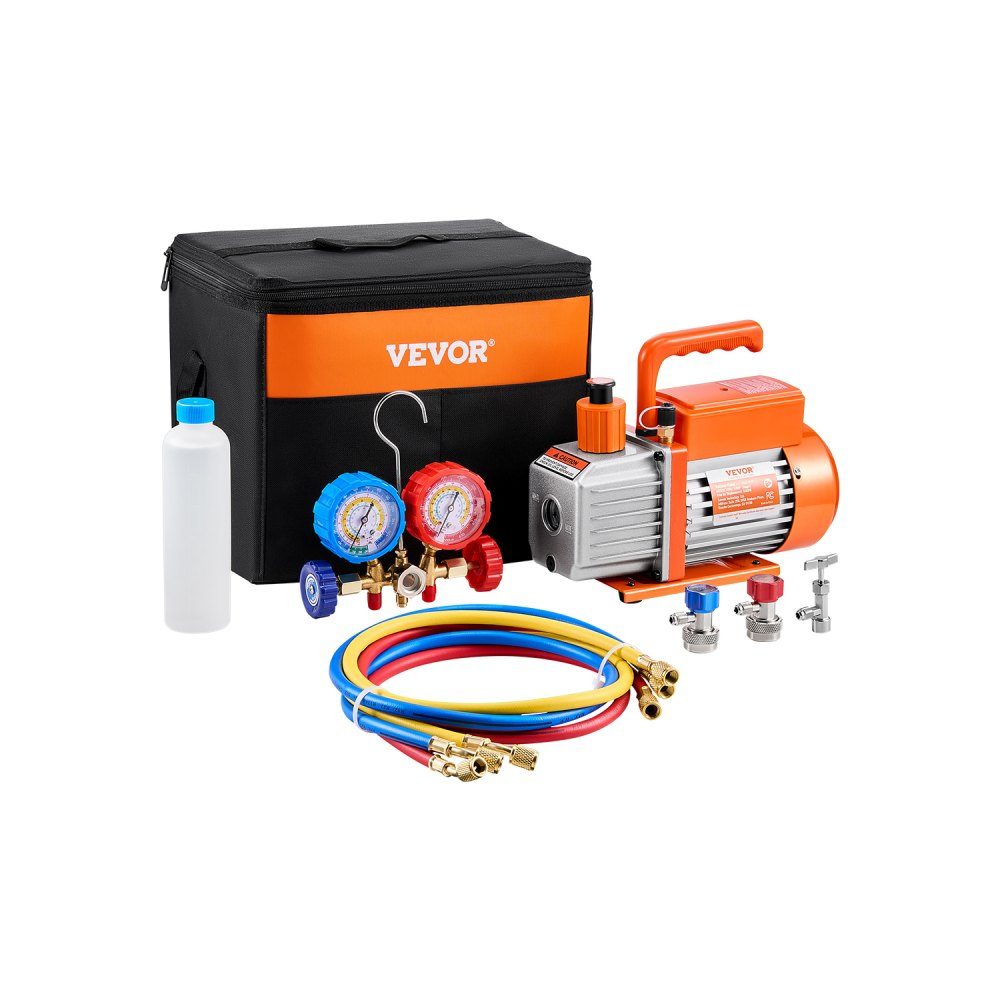 3,5 CFM AC-Vakuumpumpe und Manometer-Kit, einstufige Drehschieber-HVAC-Luftvakuumpumpe, A/C-Kältemittelverteiler-Manometer-Kit, mit Schläuchen, Klimaanlagenkühlung für R134a, R12, R22, R502a