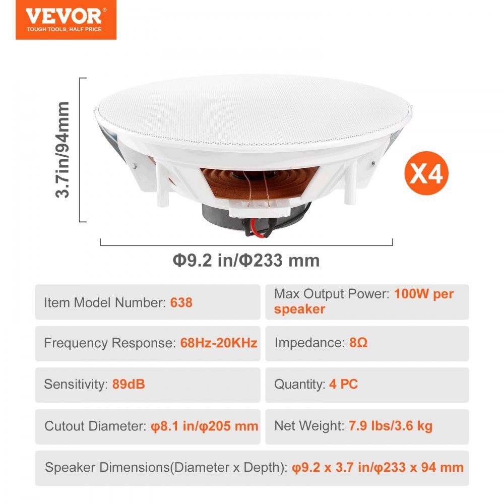 Set of 4 approx. 20 cm ceiling speakers, 100 W, in-ceiling and in-wall speaker system with 8 Ω impedance and 89 dB sensitivity, for home, kitchen, living room, bedroom or covered porch