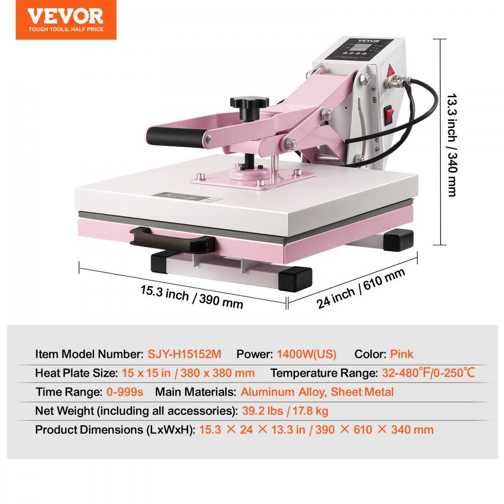 Warmtepers, 15x15 inch digitale warmtepers, uittrekbare warmteoverdrachtmachine, snelle en gelijkmatige verwarming, 2-laags isolatiekatoenen warmteoverdrachtmachine voor T-shirts/kussens/tassen, roze