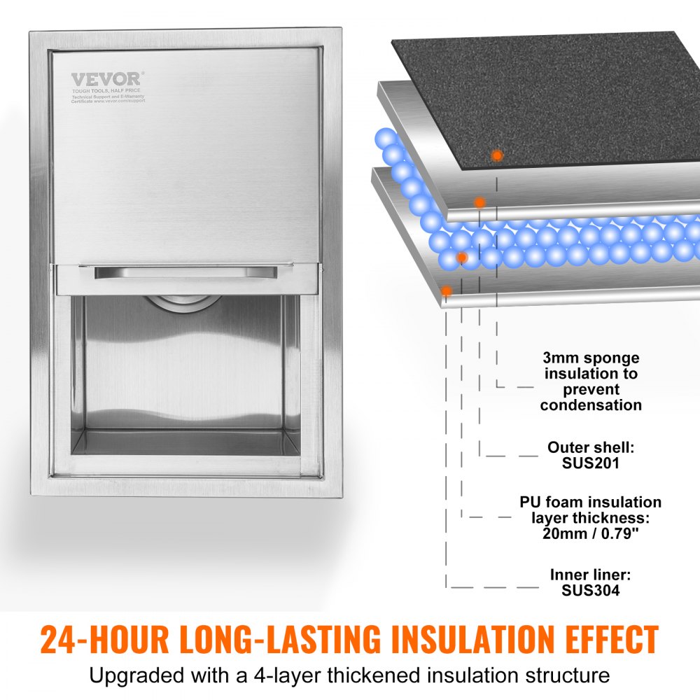 26.7L Drop-in Ice Box, 456 x 304 x 371mm Stainless Steel Ice Cooler, Commercial Ice Container with Sliding Lid, Integrated Ice Storage Box, Drain Pipe and Drain Plug Included 26.7L Drop-in Ice Box, 456 x 304 x 371mm Stainless Steel Ice Cooler, Commercial Ice Container with Sliding Lid, Integrated Ice Storage Box, Drain Pipe and Drain Plug Included