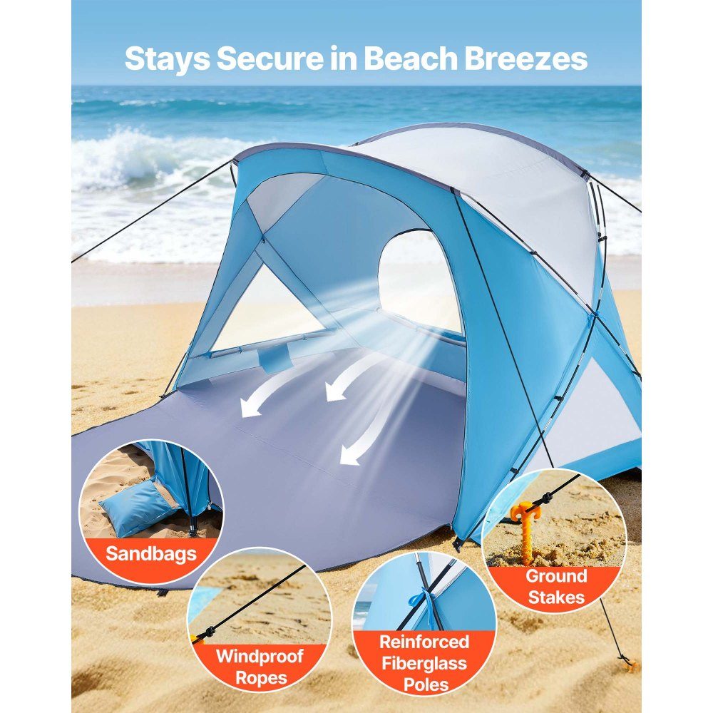 Strandmuschel-Sonnenschutz für 6 Personen, UPF 50+ Schutz, tragbares Strandzelt mit Tragetasche und Bodenankern, stabiler Strandschirm für Camping, Angeln, Picknick, Sonnenzelt
