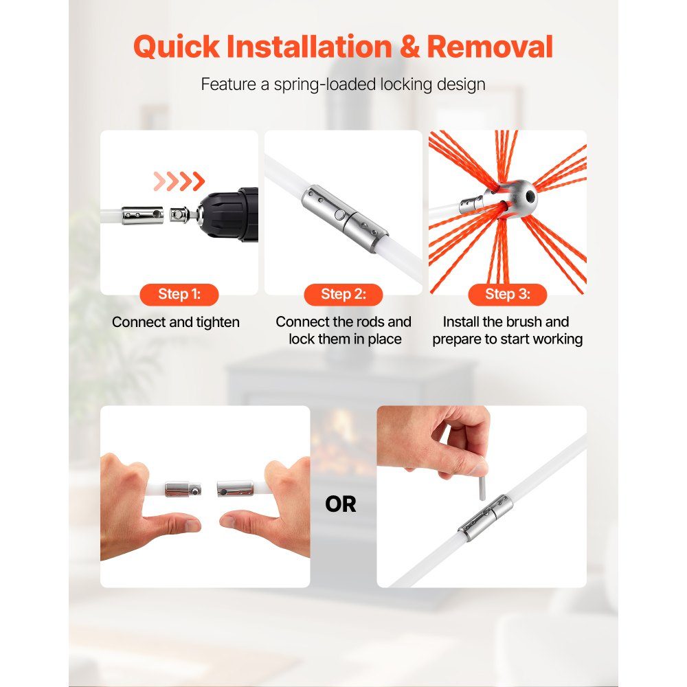 Stove Pipe Brush Set, 8m Max Length, Chimney Brushes, Chimney Sweep Set, Chimney Brush, 90° Bendable Chimney Cleaning Tool, for Square and Rectangular Chimneys