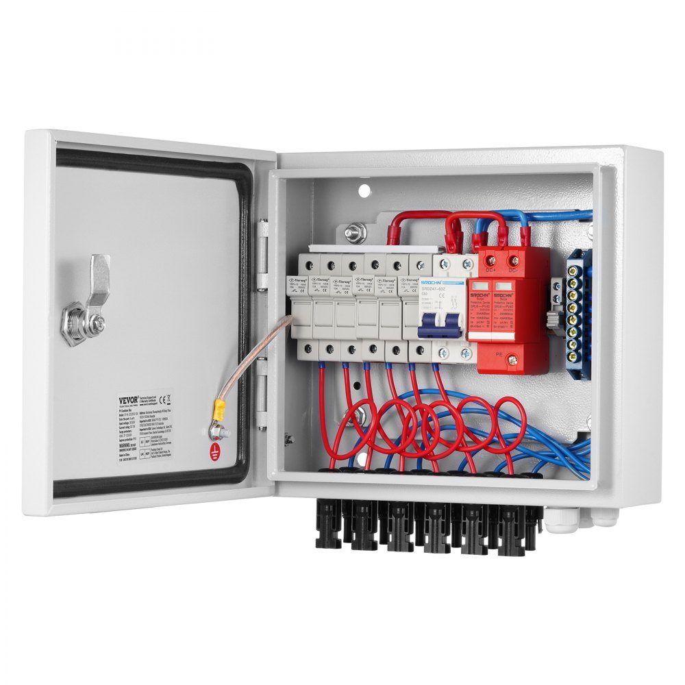 PV Collection Box, 6 String, Solar Collection Box mit 10-A-Nennstromsicherung, 63A Circuit Breaker, Lightning Arrester and Solar Connector, Steel Housing for On/Off Grid Solar Panel System, IP65